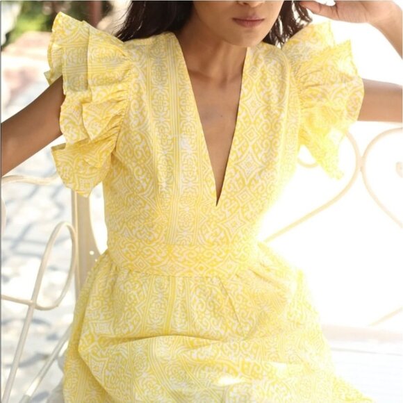 Monsoon and Beyond Handmade Chloe Yellow Ruffle Sleeve Deep V Midi Dress Sz M - Picture 2 of 12